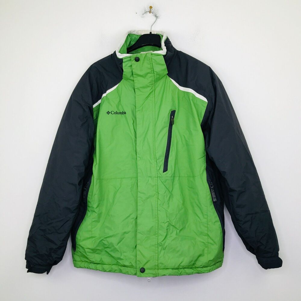 Columbia Men's Large Rain Coat Full Zip Green Gray Omni-Tech Winter Ski Flaw